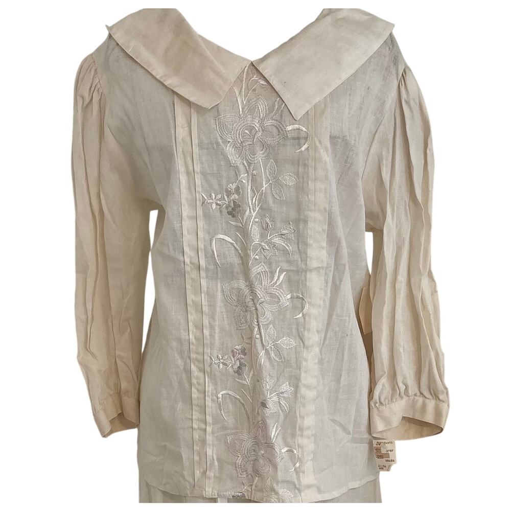 NWT 80s Vintage Nilani Embroidered Pleated Blouse Cottage Floral Boho Deadstock